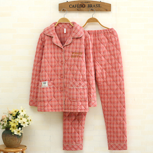 秋冬季女款睡衣薄棉针织棉格子纯色秋天棉质薄夹棉家居服中年套装