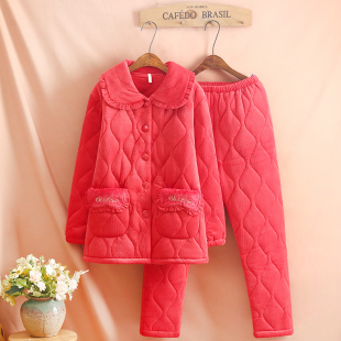 冬季红色睡衣喜庆家居服套装女款三层加厚加绒款保暖法兰绒夹棉袄