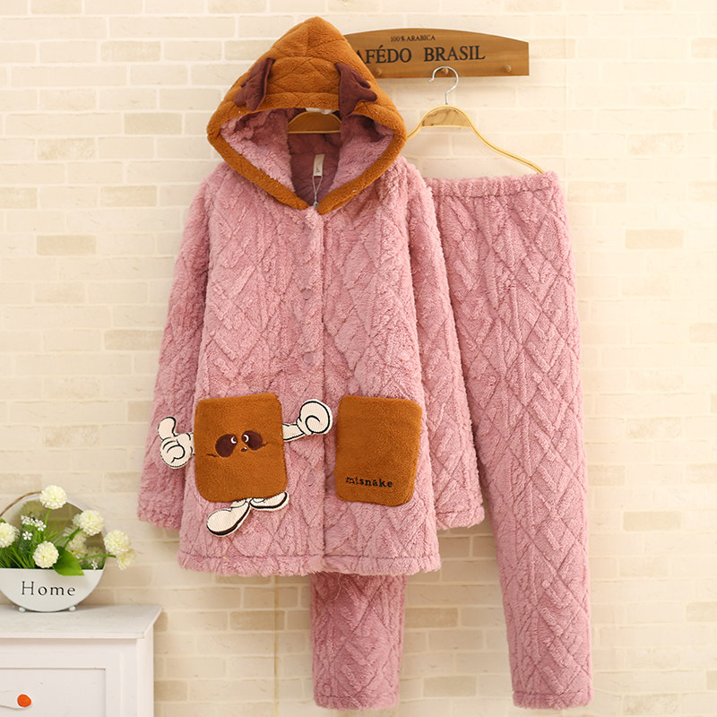 个性睡衣女冬季三层夹棉袄加厚加绒保暖法兰绒冬天家居服套装连帽