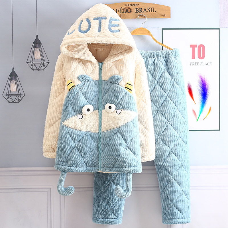 个性可外穿冬季睡衣三层加厚加绒连帽夹棉袄女款拉链款家居服套装