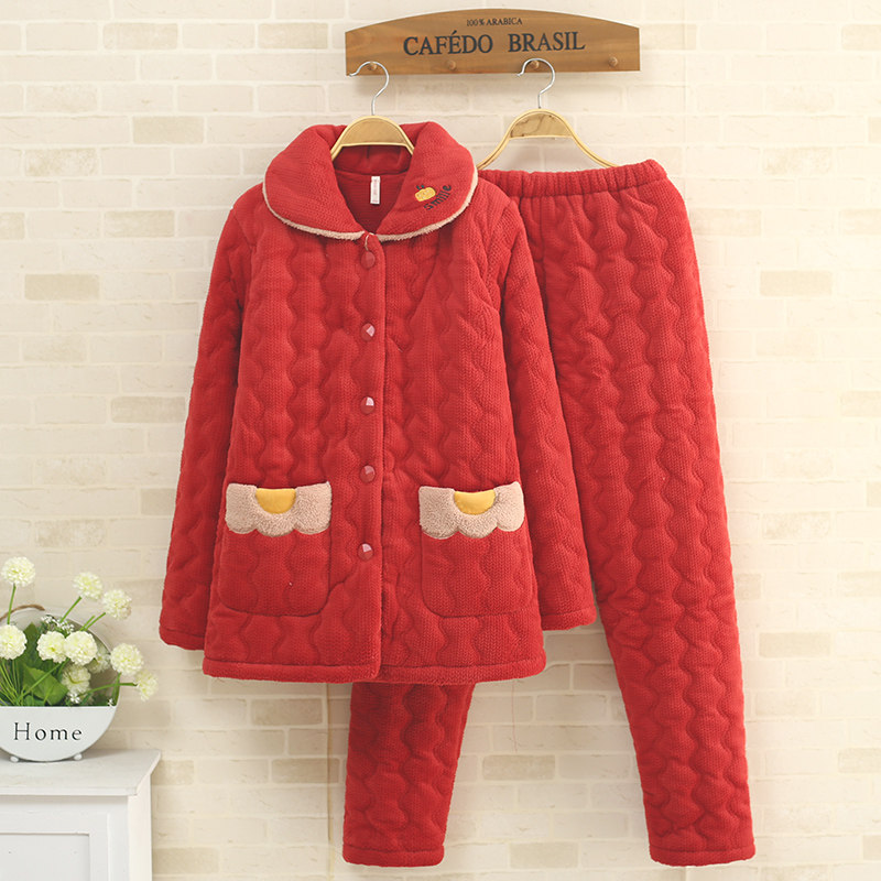 冬季睡衣加厚加绒款珊瑚绒三层夹棉秋冬天女装法兰绒家居服套装