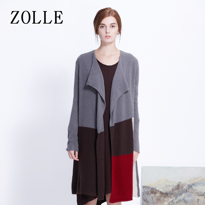  ZOLLE因为秋冬新品毛衣女中长款撞色薄款针织衫宽松外搭羊毛开衫
