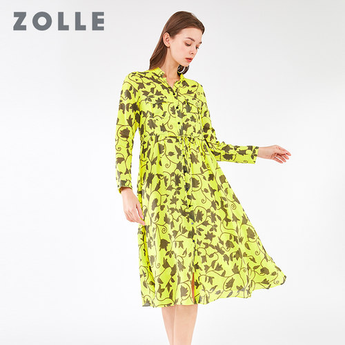 优雅复古印花，褶皱收腰设计，修身显瘦