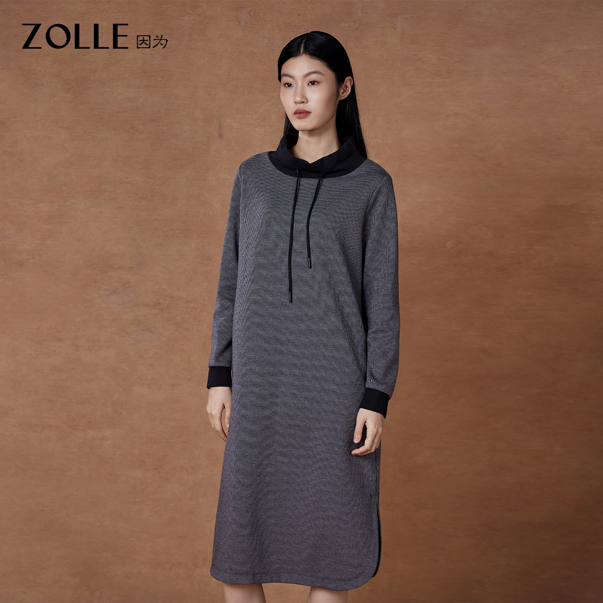 【ZOLLE因为】秋冬格纹舒适宽松带帽卫衣连衣裙