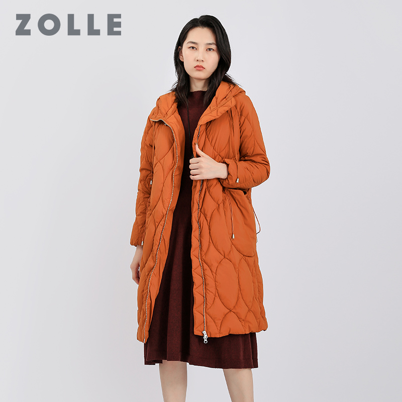 ZOLLE因为秋冬新款纯色中长款百搭羽绒服时尚连帽抽绳设计女外套