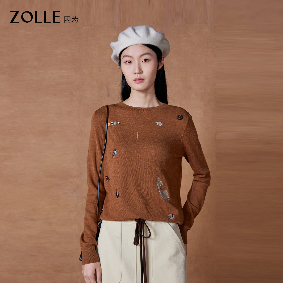 【羊毛精选】ZOLLE因为舒适亲肤刺绣羊毛套头毛衫26春