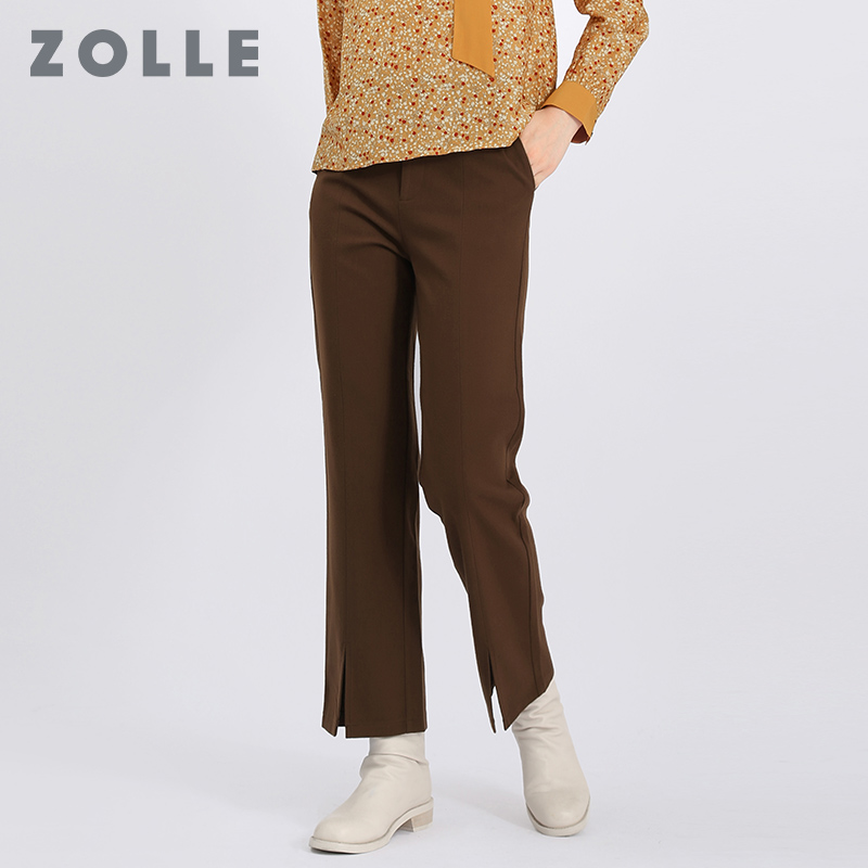 ZOLLE因为秋冬新款纯色百搭直筒裤气质开叉设计款女裤子显瘦女裤