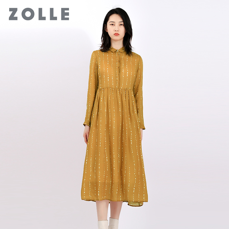 ZOLLE因为秋季新款翻领气质长袖连衣裙苎麻舒适中长款显瘦女裙子