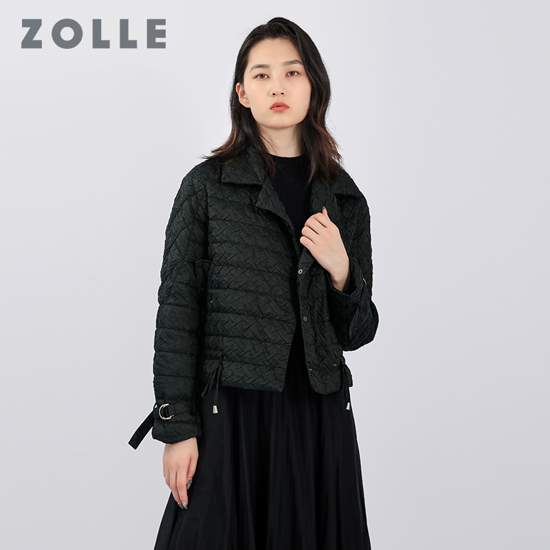 ZOLLE因为秋冬新款纯色百搭短款羽绒服时尚暗纹简约POLO领女外套