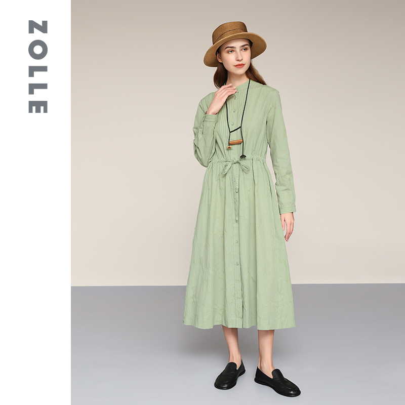 【ZOLLE因为】纯棉中腰极简百搭带扣长袖连衣裙