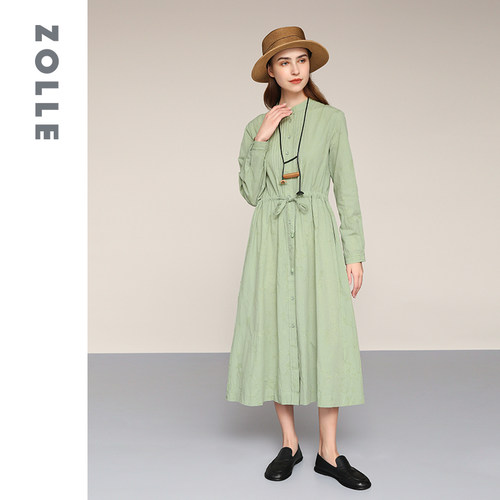 ZOLLE因为纯棉长袖带扣连衣裙