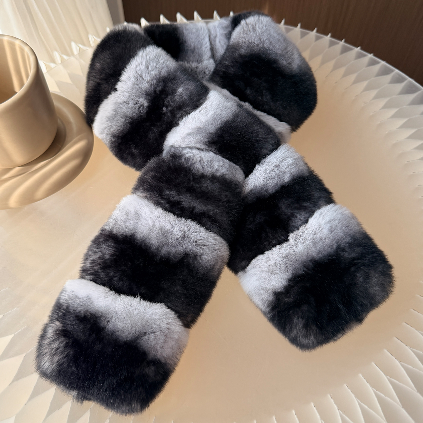 仿龙猫色獭兔毛皮草围巾双面女冬季保暖防寒隔条青紫蓝色兔毛围脖