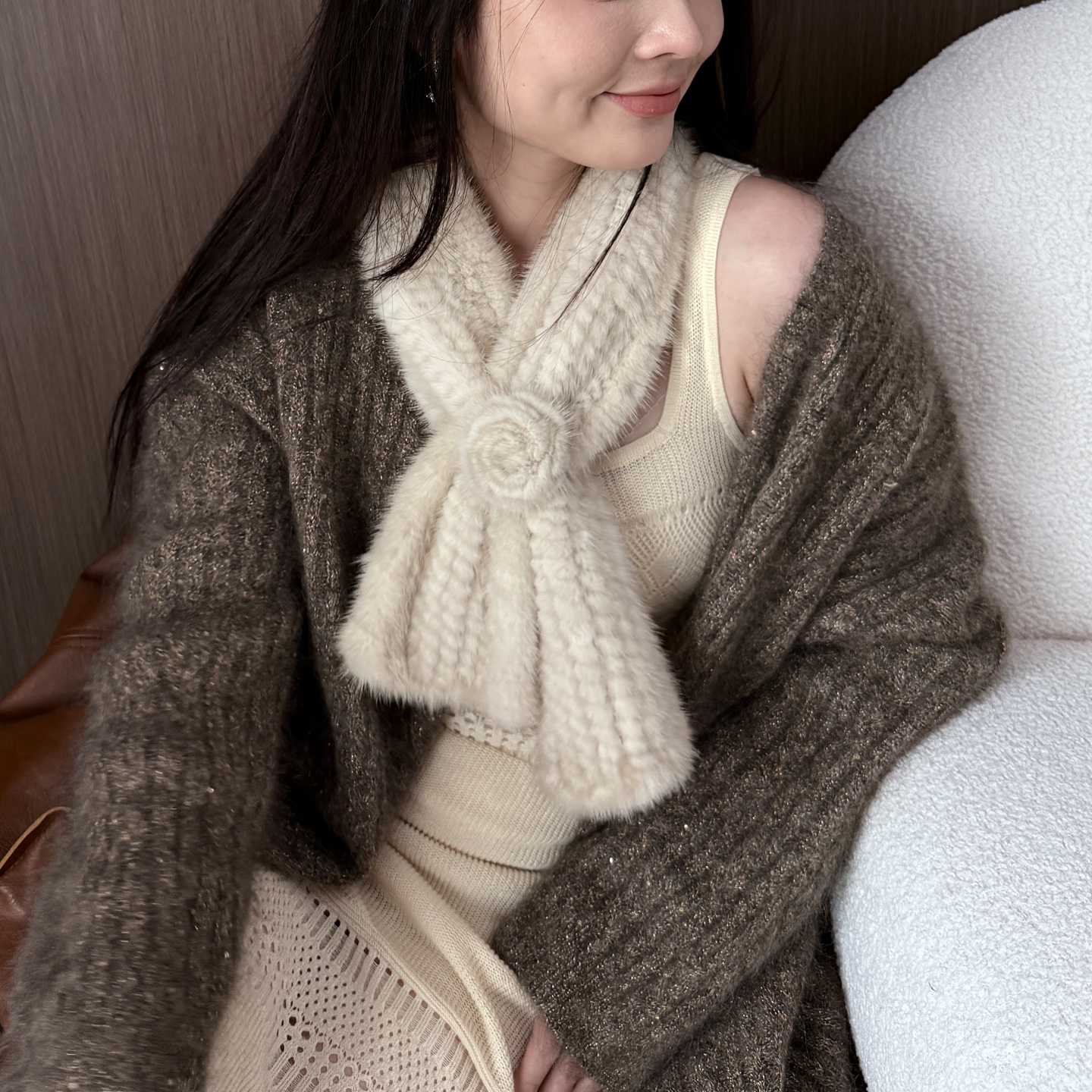 新款冬季水貂毛编织款围巾保暖时尚潮流带花韩版双面百搭皮草围脖