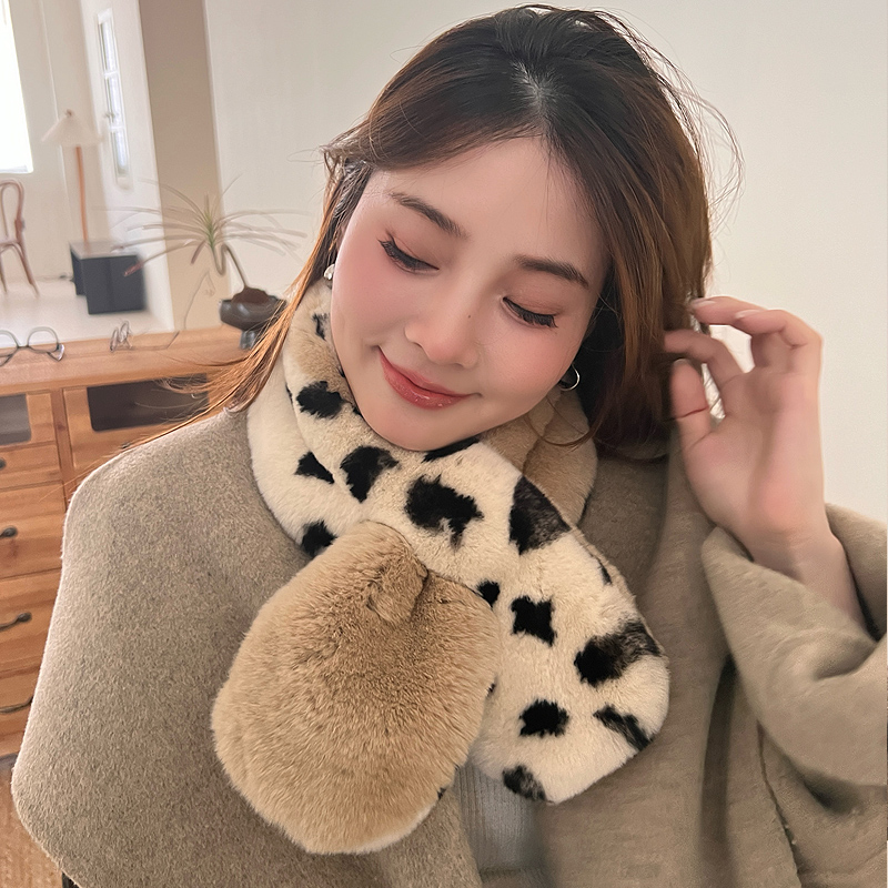 豹纹保暖悦爱冬季双面女围脖兔毛
