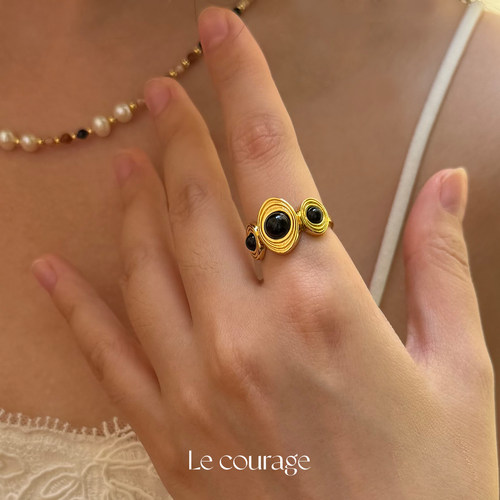 Le courage | 复古vintage中古感椭圆黄铜镀金黑玛瑙镶嵌开口戒指