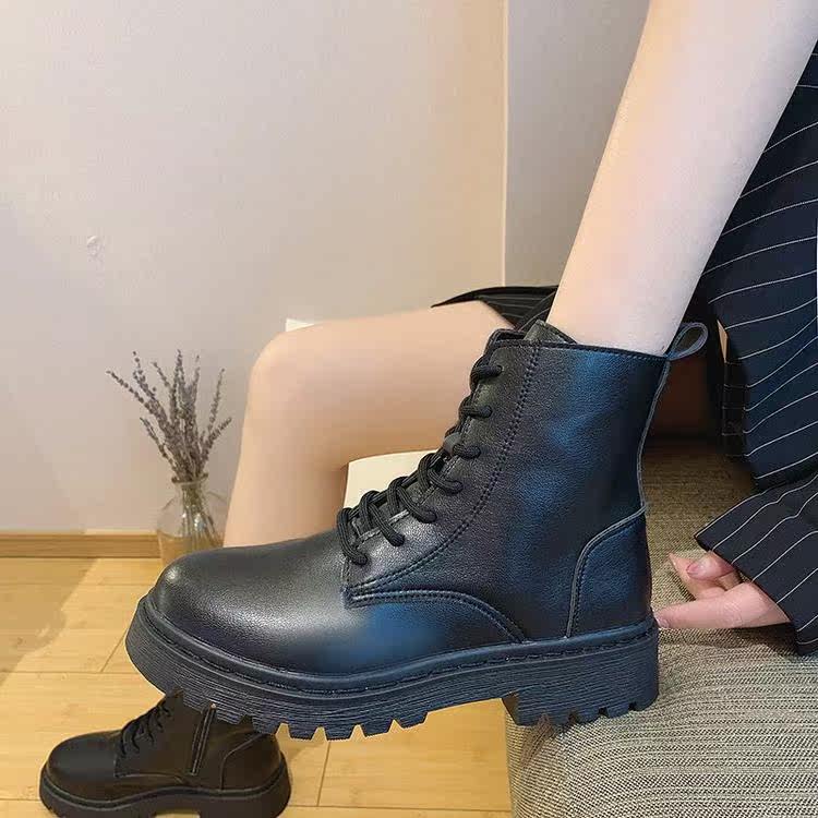 马丁靴女2021新款舒服英伦风侧拉链系带圆头漆皮短靴女秋季单靴子