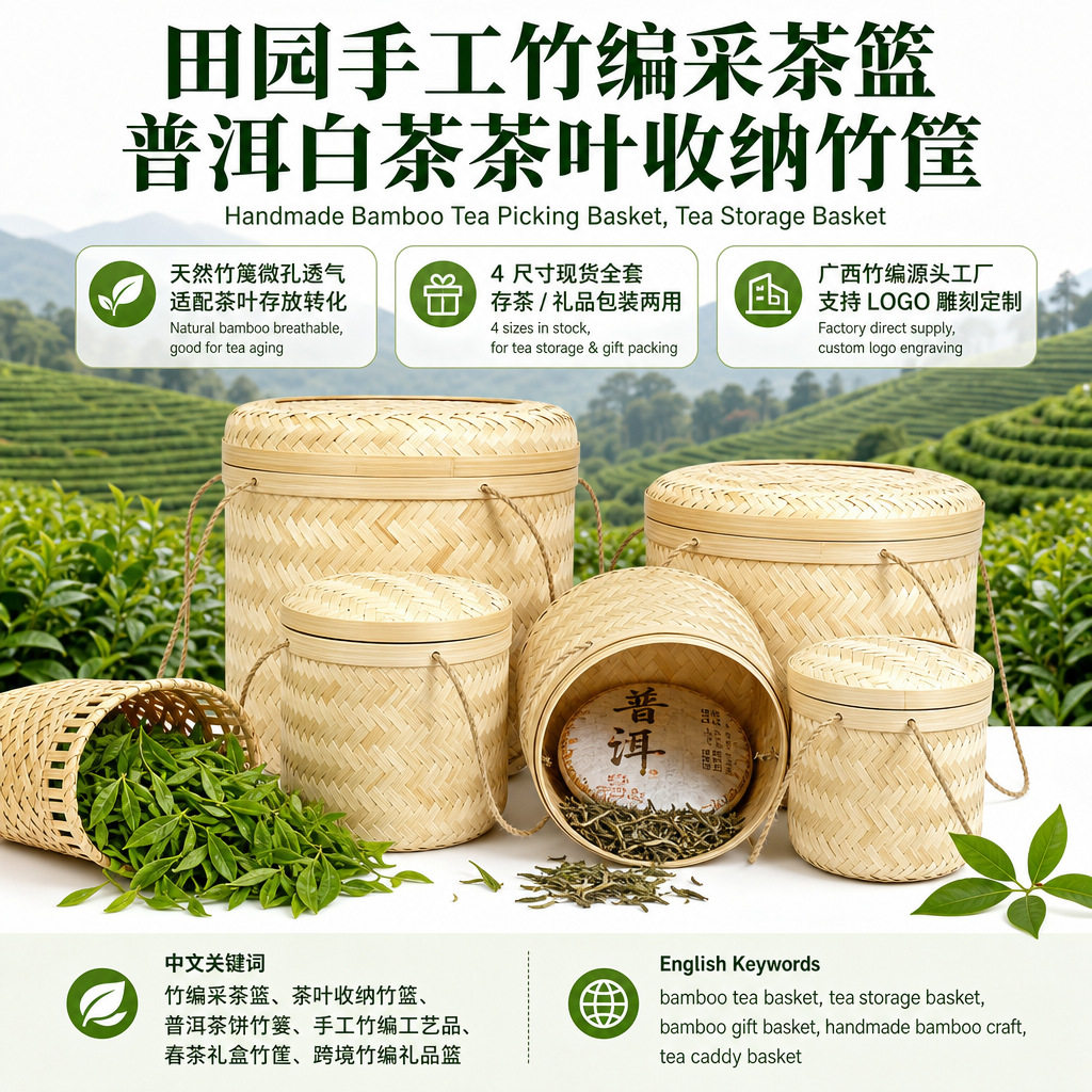竹编收纳筐茶篓普洱茶盒沱茶礼品盒迷你茶叶罐小青柑散茶叶保存盒图片