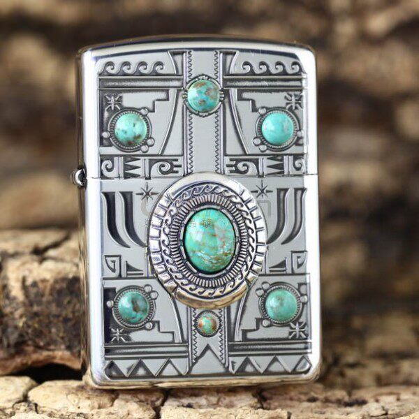 ZIPPO原装正品打火机 盔甲 双面印第安雕花 天然绿松石 专柜正版