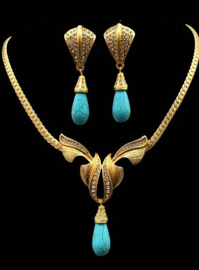 中古Vintage西洋复古满镶重工水滴绿松石蝴蝶结锁骨项链耳钉套装