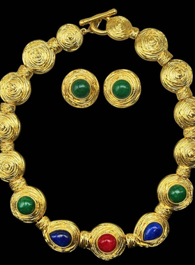 中古Vintage重工电镀真金立体螺旋纹宫廷风气质百搭项链耳钉套装