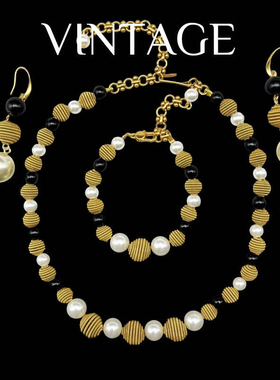 中古Vintage重工复古金螺旋纹打结气质百搭珍珠项链耳钉手链套装