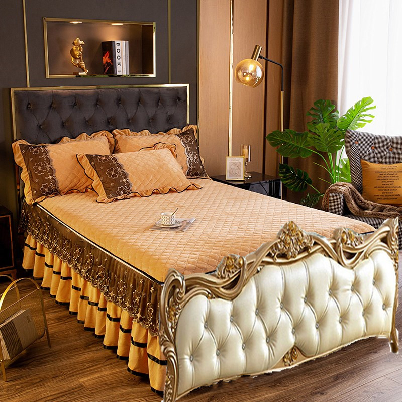 欧式无尾水晶绒蕾丝防滑纯色床裙