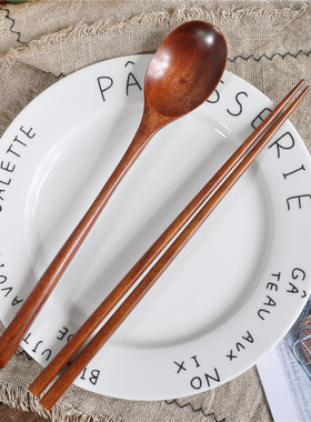 吃播boki同款勺子筷子套装木制日式餐具饭勺长柄木勺木汤匙两件套