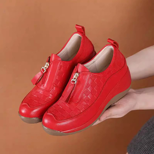 真皮厚底单鞋 牛皮鞋 女春秋2026新款 软底女鞋 子 中年妈妈鞋 红色女鞋