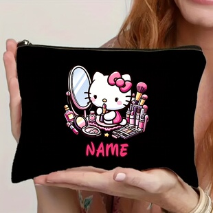订制 化妆包个性化姓名黑色化妆袋带粉红色蝴蝶结拉链旅行收纳袋