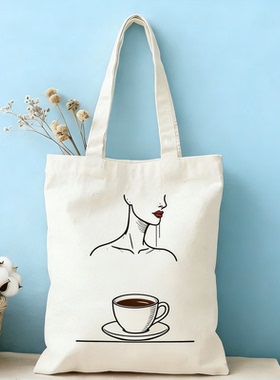 极简主义线条插画帆布包 大容量可装电脑 学生党上课通勤 totebag