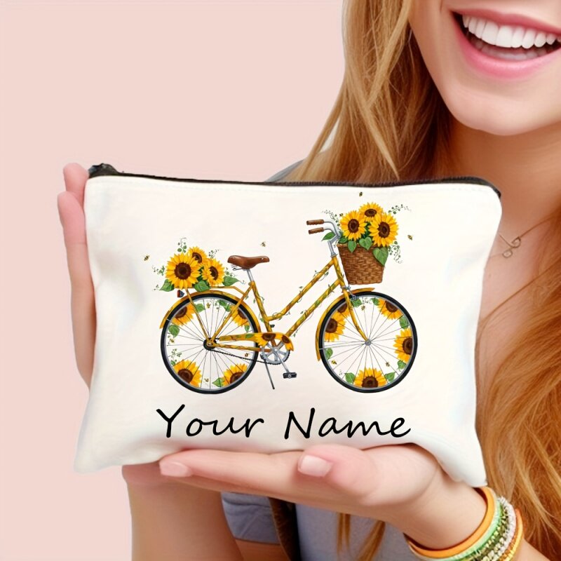 森系花车姓名定制帆布化妆包郁金香雏菊自行车印花手拿包收纳袋