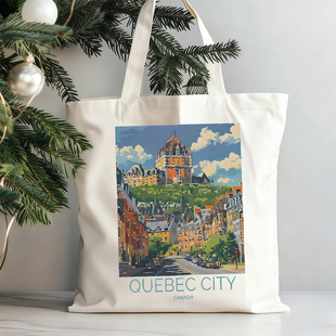 复古旅行风魁北克城帆布托特包 小众设计感通勤包 大容量购物袋