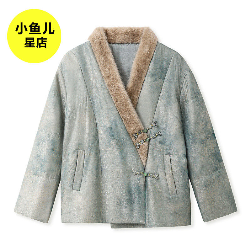 高定版本复古新中式秋冬高级感刺绣V领羽毛拼接新款人丝棉服外套