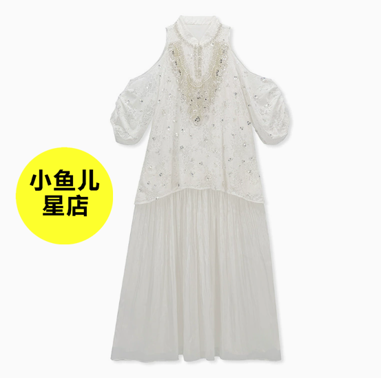 改良汉服长裙国风重工钉珠温柔气质新中式时尚露肩泡泡袖连衣裙夏