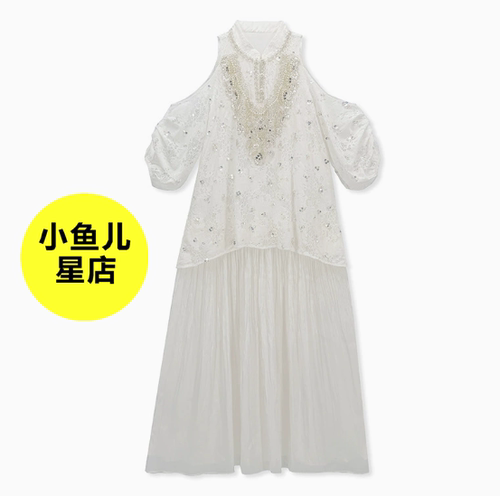 改良汉服长裙国风重工钉珠温柔气质新中式时尚露肩泡泡袖连衣裙夏