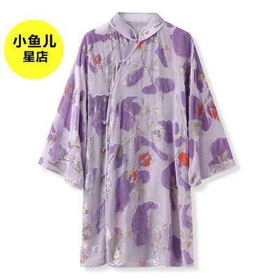 高端版100%桑蚕丝国风重工刺绣浅紫色长款衬衫高级感显瘦轻奢上衣