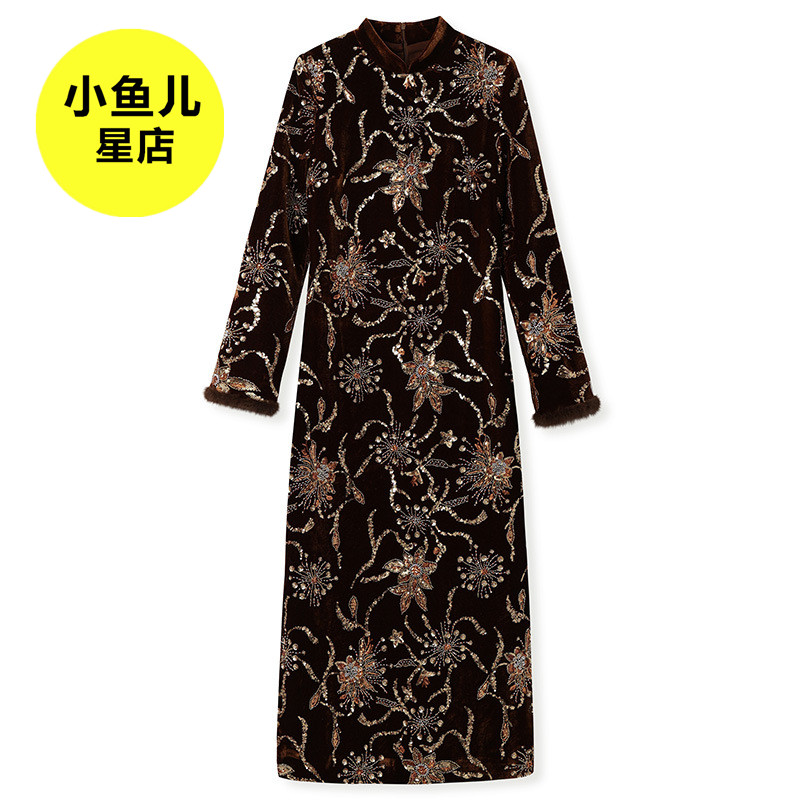 高端版冬季新款气质旗袍改良连衣裙国风刺绣钉珠水貂毛显瘦长裙女