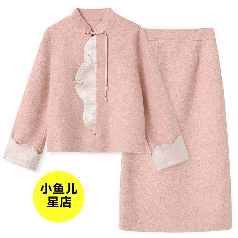 高端版国风优雅拼贴竹叶印花羊毛套装秋冬毛呢外套开叉半裙两件套,女装/女士精品,汉服套装,淘宝优惠券,粉丝福利购,淘宝优惠卷