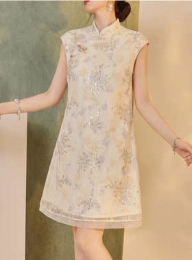 改良汉服中式无袖改良短款旗袍裙蕾丝亮片钉珠碎花宽松遮肉连衣裙