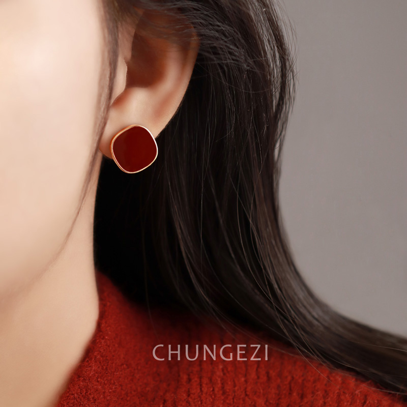 春格子复古酒红隐形无痛耳夹