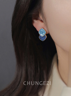雾霾蓝色系几何撞色耳夹女无耳洞油画风甜美气质耳钉925银针耳饰