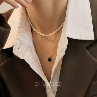 双层小米粒天然珍珠项链女镶嵌黑玛瑙轻奢吊坠纯银气质颈链锁骨链