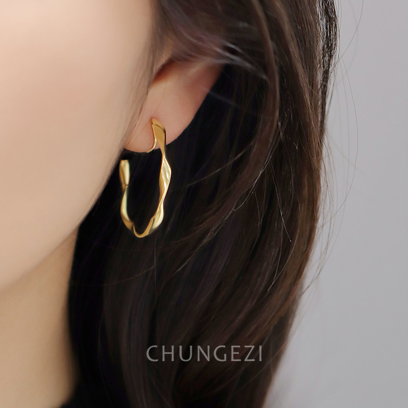 时尚金色波浪大圆环耳环女蚊香盘耳夹女无耳洞欧美麻花圈圈耳饰品