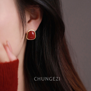 风吹半夏赵丽颖许半夏同款耳夹女无耳洞复古红色喜庆925银针耳钉