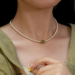 和田玉吊坠淡水珍珠项链女小众设计轻奢感锁骨链2023年新款 潮颈链