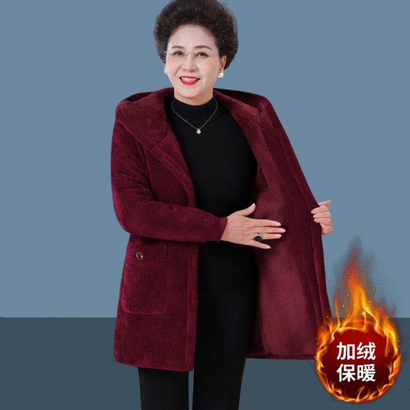 妈妈冬装加绒加厚棉服灯芯绒外套