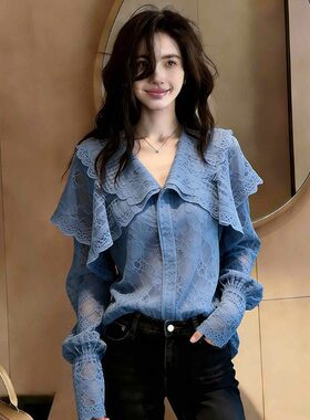 欧式高端定制精致蓝色大码上衣女2026夏季新款轻奢蕾丝设计感衬衣