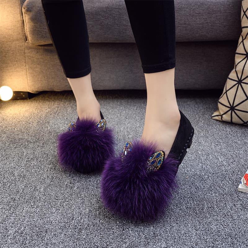 新款水钻真毛狐狸毛棉瓢鞋懒人