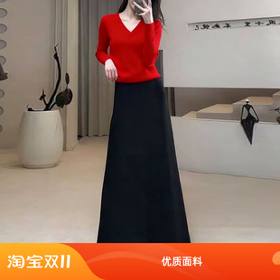 加绒加厚毛呢A字裙子高腰羊毛半身裙气质法式黑色遮胯黑色长裙冬