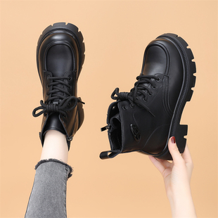 马丁靴女2025年秋冬季 厚底增高显脚小加绒英伦风平底短靴 加绒新款